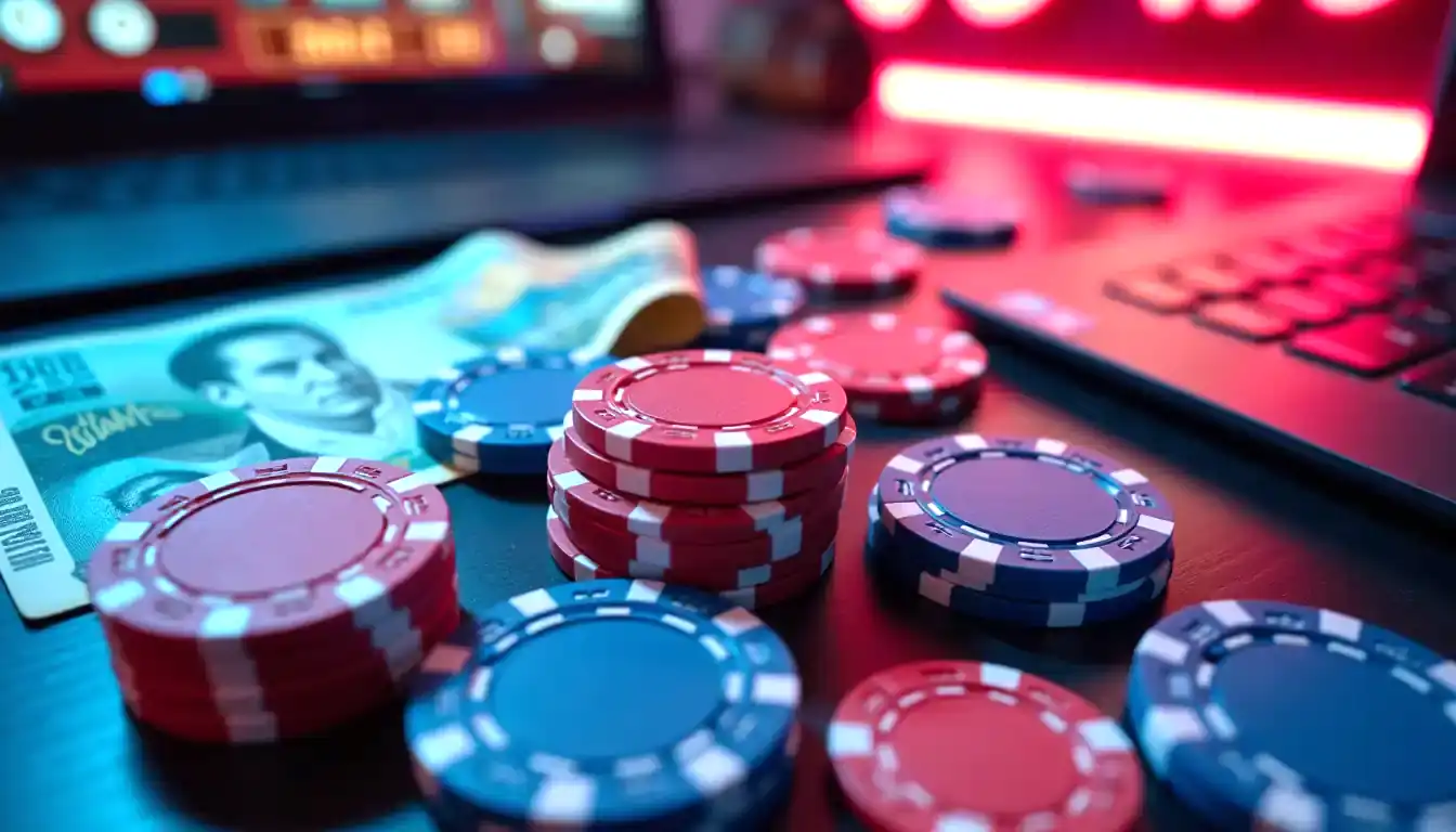 Chips, AUD and online casino on laptop